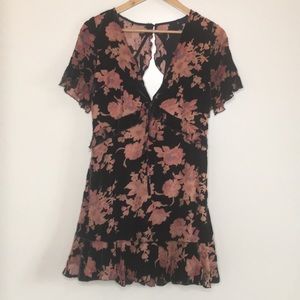Floral Velvet Burnished Ruffle Open Back Dress